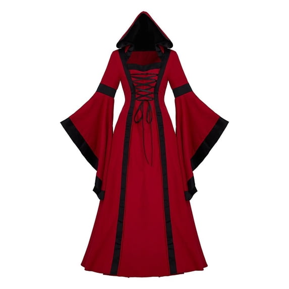 Enjoytime Medieval Dress for Women Patchwork Lace Trumpet Long Sleeve Gothic Clothes with Hooded Plus Size Maxi Dresses for Women 2025