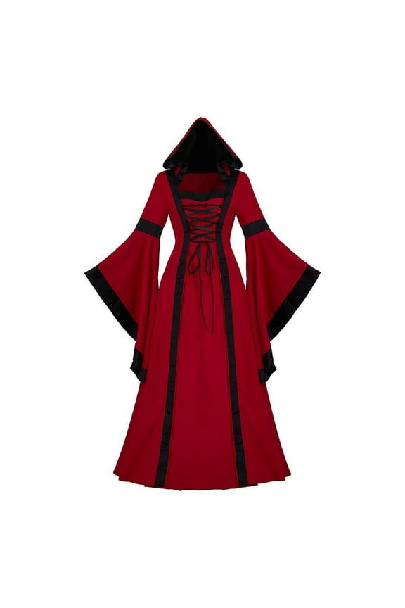 Medieval Dress for Women Patchwork Lace Trumpet Long Sleeve Gothic Clothes with Hooded Plus Size Maxi Dresses for Women 2025
