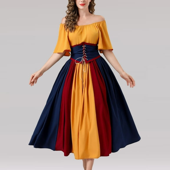 Enjoytime Medieval Dress for Women Vintage Splice Cold Shoulder Dress Plus Size Dress Halloween Costumes Woman 2025