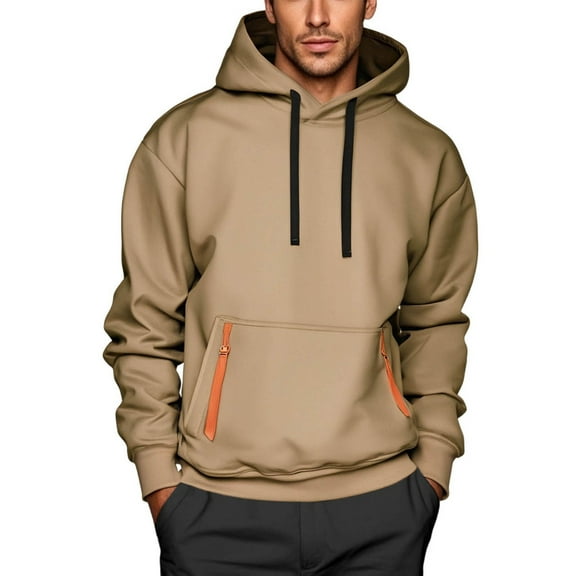 Enjoytime Men Hoodies Fall Winter Solid Color Long Sleeve Pullover Sweatshirt Fashion Casual Loose Tops with Pockets Khaki S