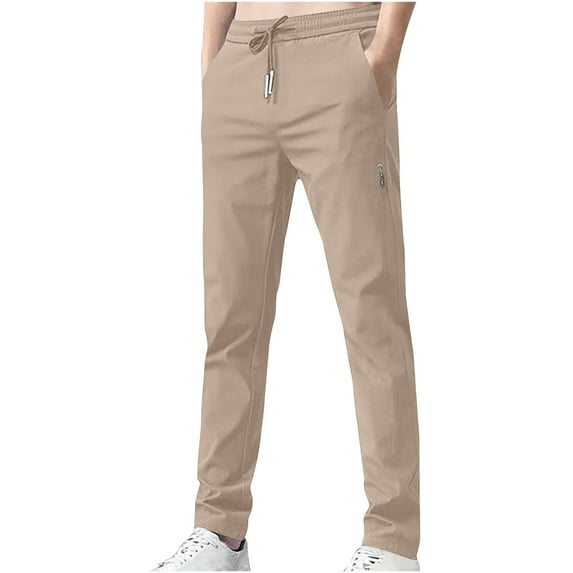 Enjoytime Men Pants Solid Color Elastic Waist Drawstring Straight Leg Trousers Business Casual Loose Plus Size Work Pants Khaki M