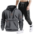 thumbnail image 1 of Enjoytime Men Winter Outfits Solid Color Long Sleeve Half Zipper Hoodie Drawstring Cargo Pants Workwear Workout Casual Plus Size Two Piece Set, 1 of 8