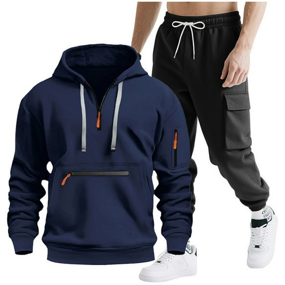 Enjoytime Men Winter Outfits Solid Color Long Sleeve Half Zipper Hoodie Drawstring Cargo Pants Workwear Workout Casual Plus Size Two Piece Set