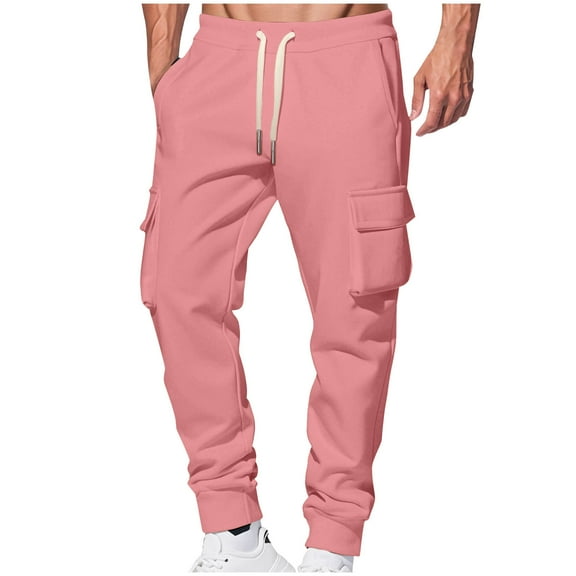 Enjoytime Men's Cargo Pants Solid Color Elastic Waist Tapered Trousers Lightweight Work Casual Plus Size Work Pants Pink L