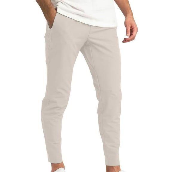 Enjoytime Men's Casual Pants Solid Color Elastic Tight Fitting Breathable Tapered Trousers Cotton Lightweight Mens Stretch Pants Beige M