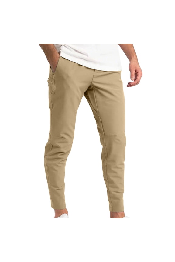 Men's Casual Pants Solid Color Elastic Tight Fitting Breathable Tapered Trousers Cotton Lightweight Mens Stretch Pants Khaki XS