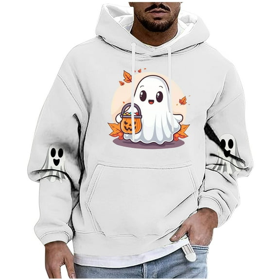 Enjoytime Men's Fashion Hoodies & Sweatshirts Halloween Printed Long Sleeve Pullover Tops with Drawstring Fashion Casual Plus Size Clothes White M
