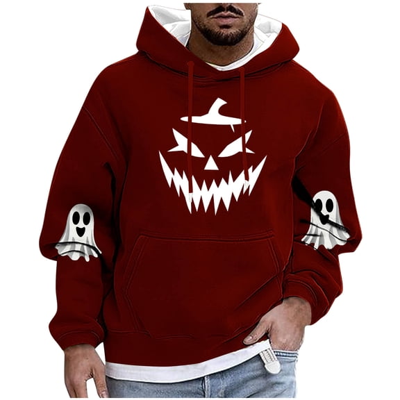 Enjoytime Men's Hoodies Halloween Fashion Long Sleeve Drawstring Pullover Tops Vintage Printed Casual Festival Party Oversized Sweatshirt Red M