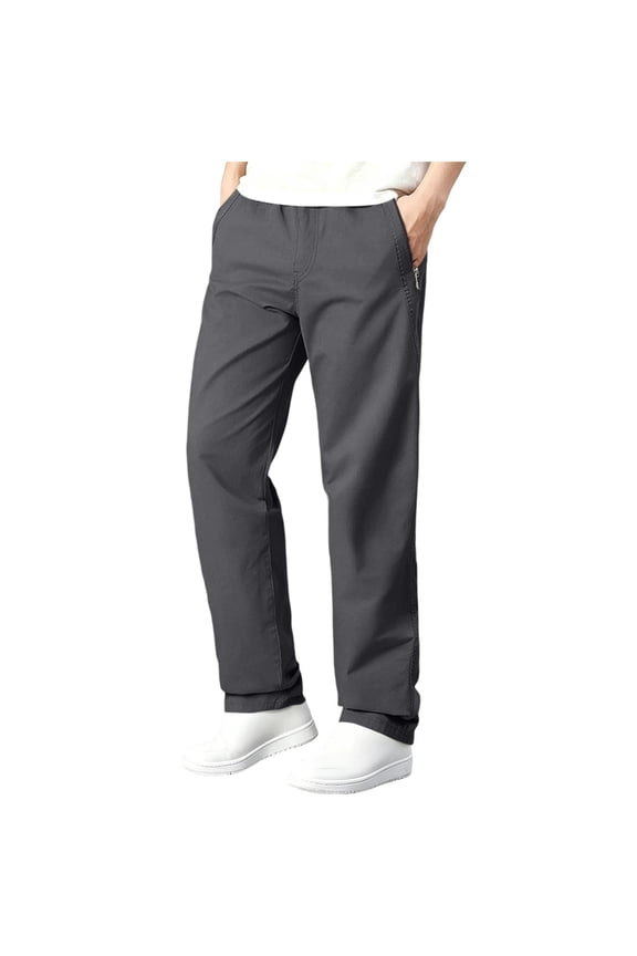 Men's Pants Elastic Waist Drawstring Casual Trousers Solid Color Lightweight Lounge Joggers with Zipper Pockets