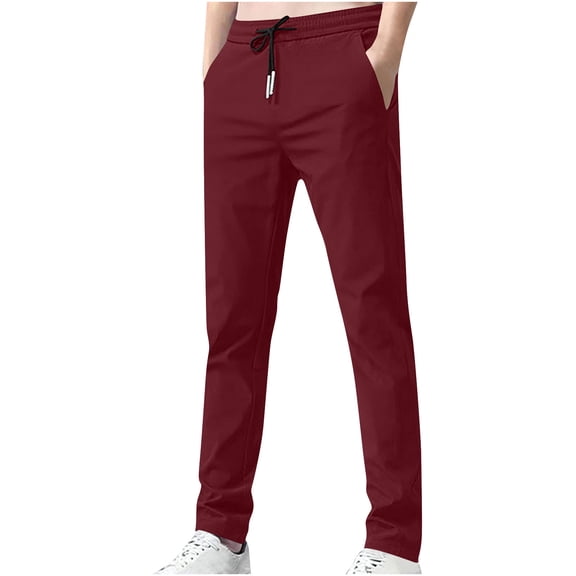 Enjoytime Men's Pants Solid Color Elastic Waist Drawstring Trousers Business Casual Plus Size Work Pants with Pockets Wine L