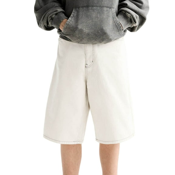 Enjoytime Men's Shorts Solid Color Elastic Waist Baggy Mid Jeans Classic Fashion Mens Casual Shorts with Pockets White S