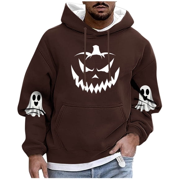 Enjoytime Men's Sweatshirts Halloween Vintage Printed Drawstring Long Sleeve Oversized Hoodies Casual Pumpkin Festival Party Pullover Sweatshirt Brown L