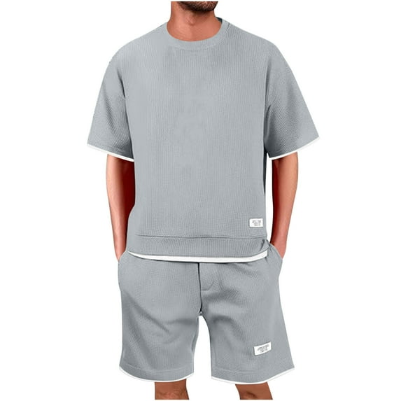Enjoytime Mens 2 Piece Short Set Solid Color Round Neck Short Sleeve Blouses and Shorts Outfits Casual Vacation Matching Sets