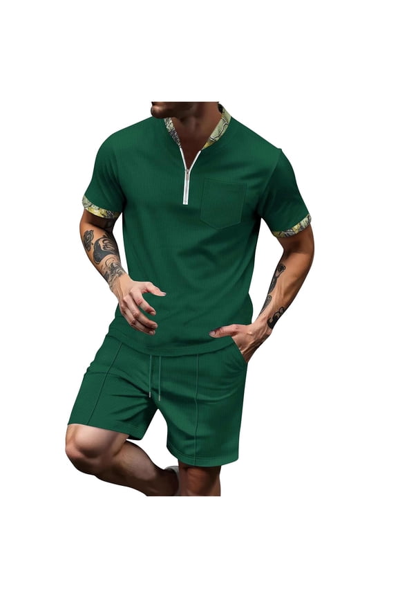 Mens 2 Piece Short Set Solid Color V-Neck Zip Up Tops Gym Shorts Plus Size Outfits Casual Sports Jogging Tracksuit