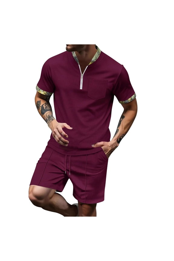 Mens 2 Piece Short Set Solid Color V-Neck Zip Up Tops Gym Shorts Plus Size Outfits Casual Sports Jogging Tracksuit