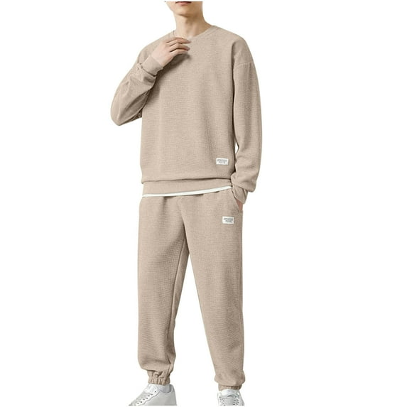 Enjoytime Mens 2 Piece Winter Outfit Solid Color Round Neck Long Sleeve Tops Pants Loungewear Fashion Casual Plus Size Sets