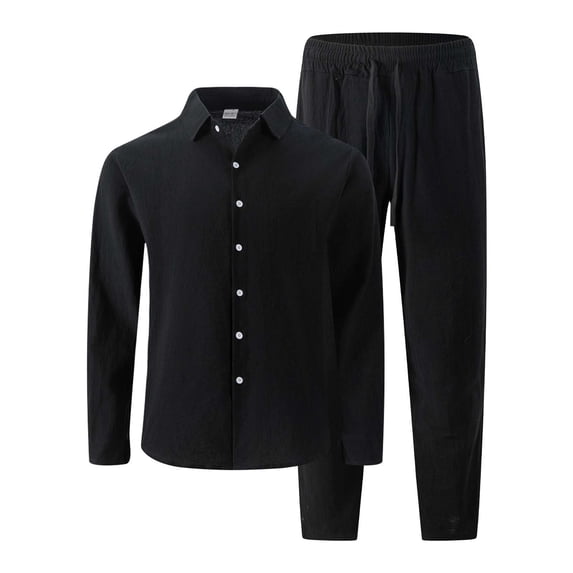 Enjoytime Mens Beach Outfit Solid Color Turndown Collar Long Sleeve Shirt Drawstring Waist Long Pants Plus Size Sets Casual Loose Vacation 2 Piece Sets