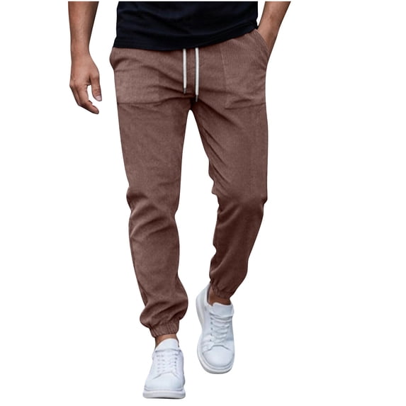 Enjoytime Mens Casual Pants Solid Color Elastic Waist Drawstring Trousers Corduroy Plus Size Fashion Loose Mens Joggers with Pockets Brown S