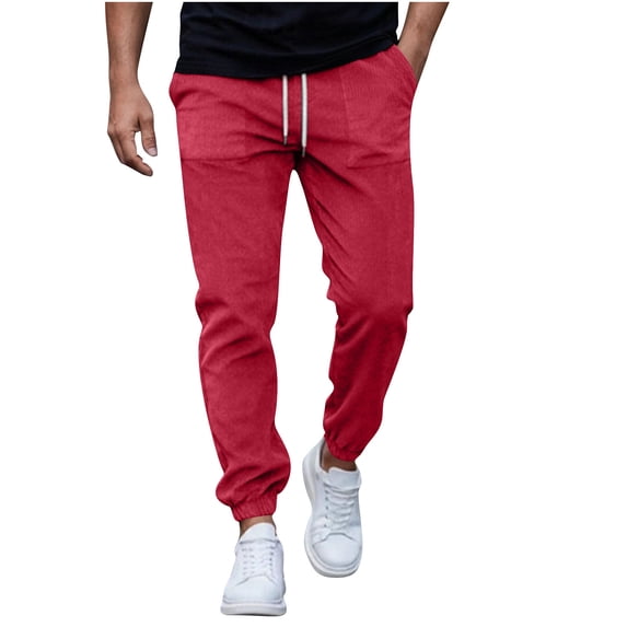 Enjoytime Mens Casual Pants Solid Color Elastic Waist Drawstring Trousers Corduroy Plus Size Fashion Loose Mens Joggers with Pockets Red XL