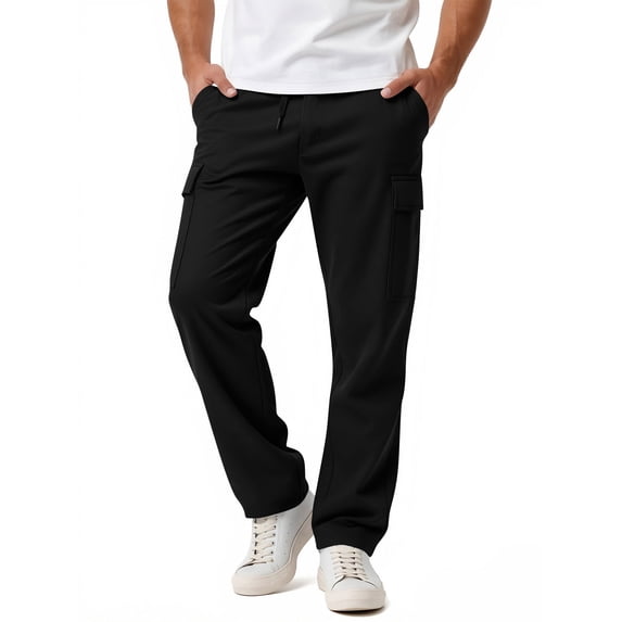 Enjoytime Mens Casual Pants Solid Color Elastic Waist Drawstring Trousers Fashion Loose Lightweight Plus Size Pants Black L