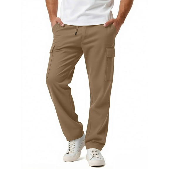 Enjoytime Mens Casual Pants Solid Color Elastic Waist Drawstring Trousers Fashion Loose Lightweight Plus Size Pants Khaki XXXL
