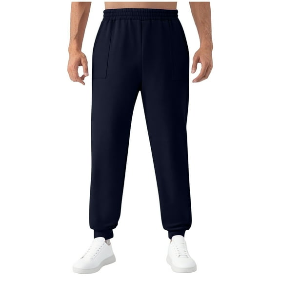 Enjoytime Mens Casual Pants Solid Color Elastic Waist Tapered Lightweight Trousers Fall Winter Plus Size Pants with Pockets Dark Blue S