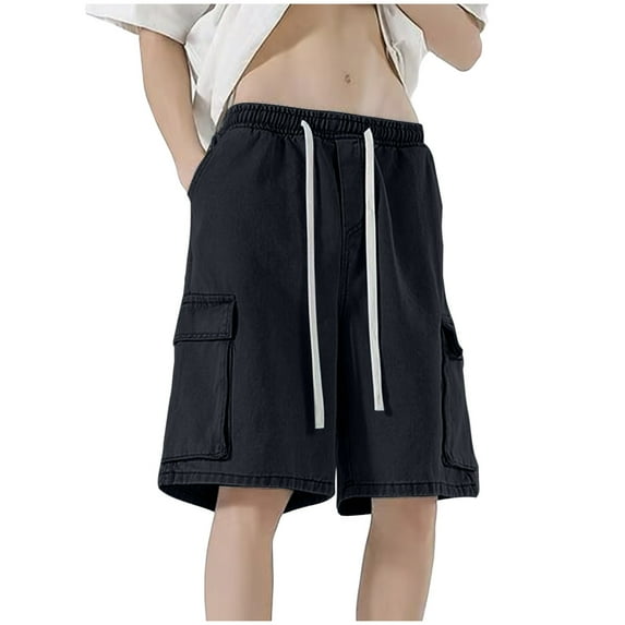 Enjoytime Mens Casual Shorts Solid Color Drawstring Elastic Waist Jeans Loose Lightweight Outdoor Plus Size Shorts with Pockets Black M