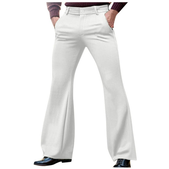 Enjoytime Mens Dress Pants Fashion Solid Color Loose Flare Trousers Business Casual Plus Size Work Pants with Pockets White S