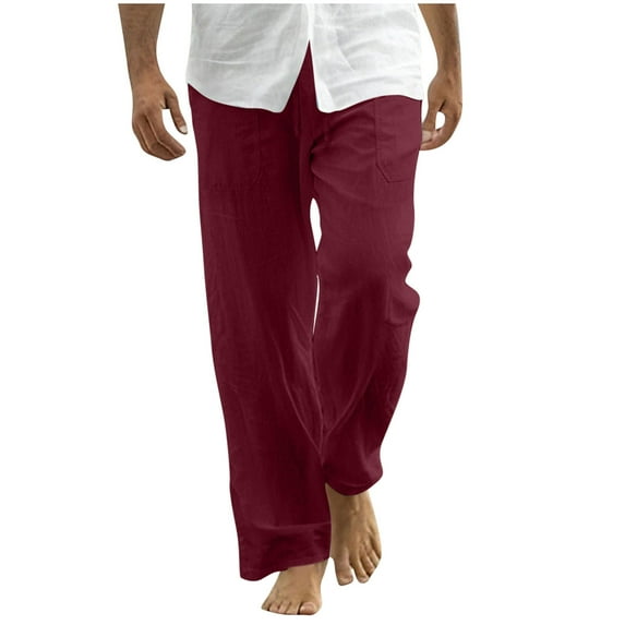 Enjoytime Mens Fall Pants Elastic Waist Drawstring Straight Plus Size Trousers Solid Color Fashion Beach Vacation Casual Pants Wine XL