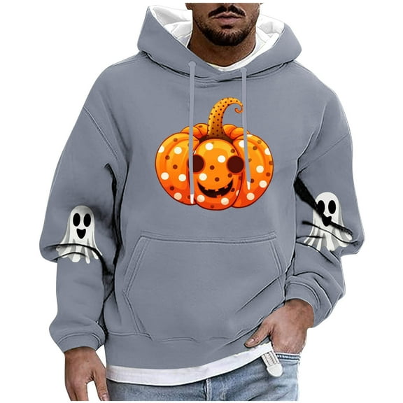 Enjoytime Mens Hoodie Halloween Fashion Long Sleeve Drawstring Oversized Sweatshirt Fashion Printed Casual Pullover Hoodies with Pockets Gray L