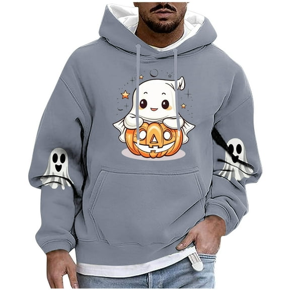 Enjoytime Mens Hoodies Halloween Cute Printed Pullover Sweatshirt Long Sleeve Drawstring Fashion Casual Oversized Hoodie with Pockets Gray XXXL