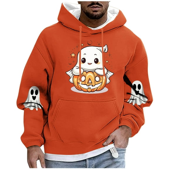 Enjoytime Mens Hoodies Halloween Cute Printed Pullover Sweatshirt Long Sleeve Drawstring Fashion Casual Oversized Hoodie with Pockets Orange XXXXL