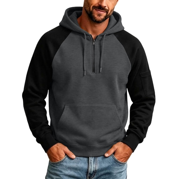 Enjoytime Mens Hoodies Patchwork Quarter Zip Pullover Sweatshirts Long Sleeve Workout Casual Warm Fall Winter Hoodie with Pocket