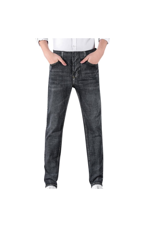 Mens Jeans Solid Color Cotton Straight Leg Plus Size Pants Casual Trend Trousers with Pockets Black XXL