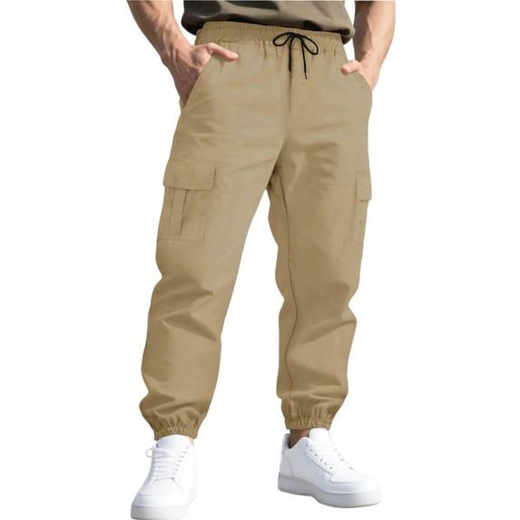 Enjoytime Mens Joggers Solid Color Elastic Waist Straight Leg Trousers Outdoor Workout Cargo Pants Plus Size Fashion Sweatpants with Multi Pocket Khaki M