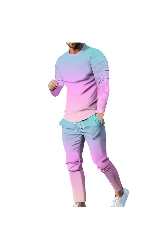 Mens Outfits 2 Piece Gradient Long Sleeve Pullover Tops Drawstring Pants Lounge Set Workout Active Casual Plus Size Sets