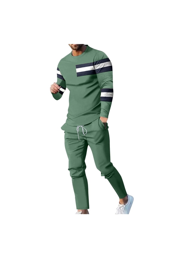 Mens Outfits 2 Piece Patchwork Long Sleeve Tops Elastic Waist Pants Plus Size Sets Fashion Casual Crewneck Pullover Lounge Set