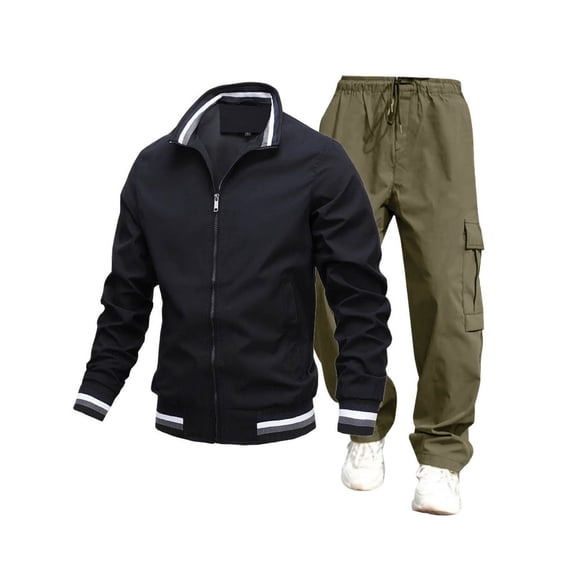 Enjoytime Mens Outfits 2 Piece Solid Color Long Sleeve Thin Zip Up Jackets Cargo Pants Sweatsuit Workout Active Casual Plus Size Sets