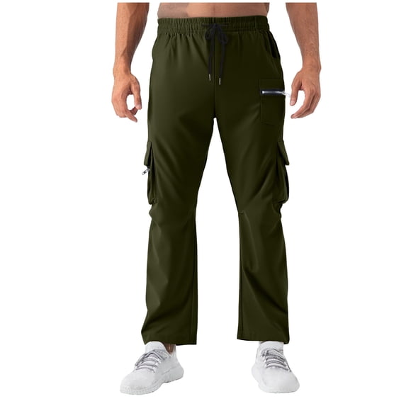 Enjoytime Mens Pants Casual Elastic Waist Drawstring Trousers Solid Color Active Workout Loose Cargo Pants with Multi Pockets Army Green L