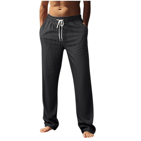 Enjoytime Mens Pants Casual Solid Color Drawstring Elastic Waist Straight Leg Trousers Beach Vacation Thin Loose Plus Size Pants Black XXL