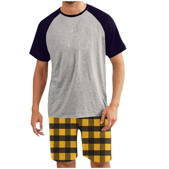 Enjoytime Mens Short Sets 2 Piece Patchwork Crewneck Tops and Plaid Shorts Plus Size Outfits Comfy Casual Loose Loungewear