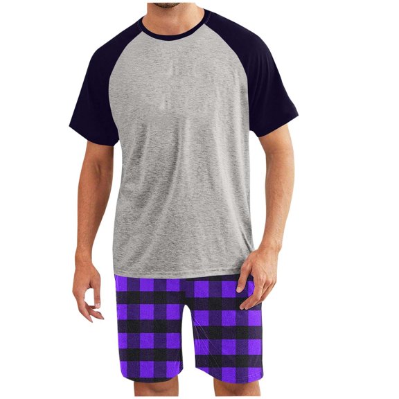 Enjoytime Mens Short Sets 2 Piece Patchwork Crewneck Tops and Plaid Shorts Plus Size Outfits Comfy Casual Loose Loungewear