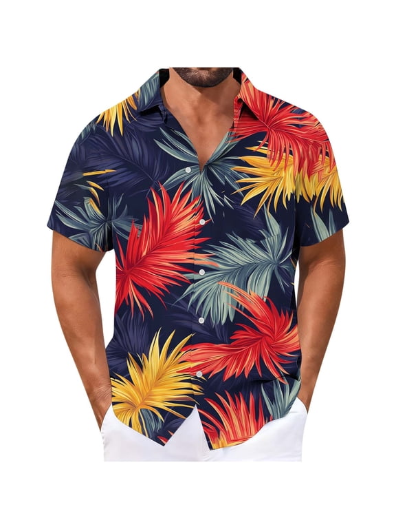 Mens Short Sleeve Button Down Shirts Summer Hawaiian Printed Collar Shirt Tropical Beach Vacation Shirts