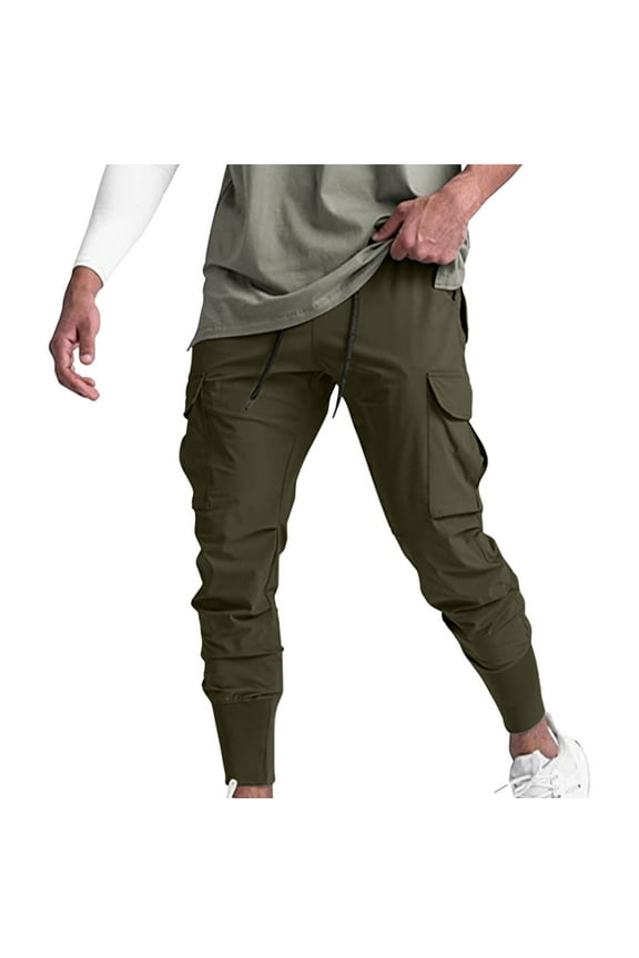 Mens Stretch Pants Solid Color Elastic Tight Fitting Breathable Pants Drawstring Cotton Trousers for Men with Pockets Army Green M