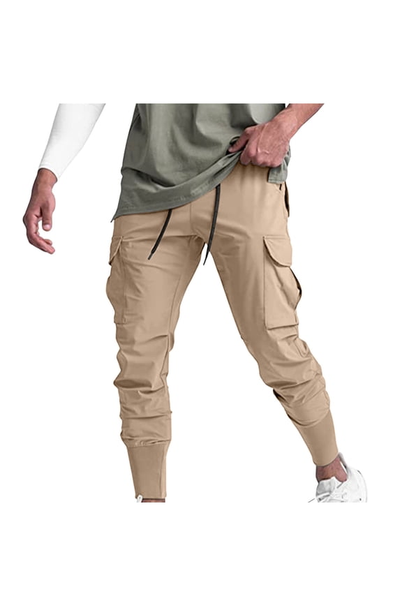 Mens Stretch Pants Solid Color Elastic Tight Fitting Breathable Pants Drawstring Cotton Trousers for Men with Pockets Khaki XXL