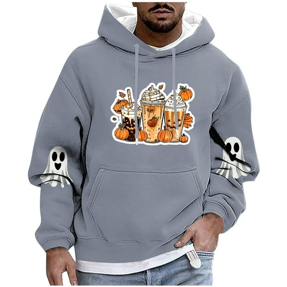 Enjoytime Mens Sweatshirt Halloween Printed Long Sleeve Drawstring Oversized Hoodie Fashion Fall Winter Warm Pullover Hoodies Gray M
