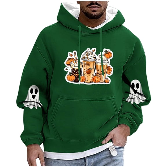 Enjoytime Mens Sweatshirt Halloween Printed Long Sleeve Drawstring Oversized Hoodie Fashion Fall Winter Warm Pullover Hoodies Green M