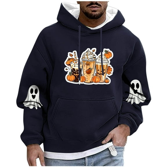 Enjoytime Mens Sweatshirt Halloween Printed Long Sleeve Drawstring Oversized Hoodie Fashion Fall Winter Warm Pullover Hoodies Navy XXXXL