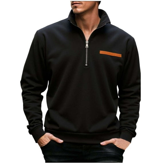 Enjoytime Mens Sweatshirt Solid Color Long Sleeve Quarter Zip Pullover Tops Standing Collar Casual Workout Plus Size Clothing Black S