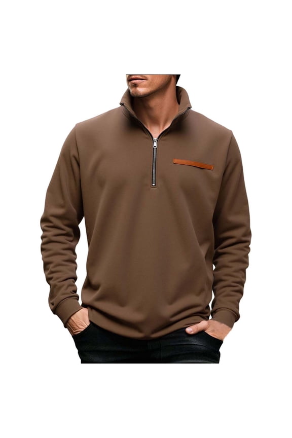 Mens Sweatshirt Solid Color Long Sleeve Quarter Zip Pullover Tops Standing Collar Casual Workout Plus Size Clothing Brown XXXL